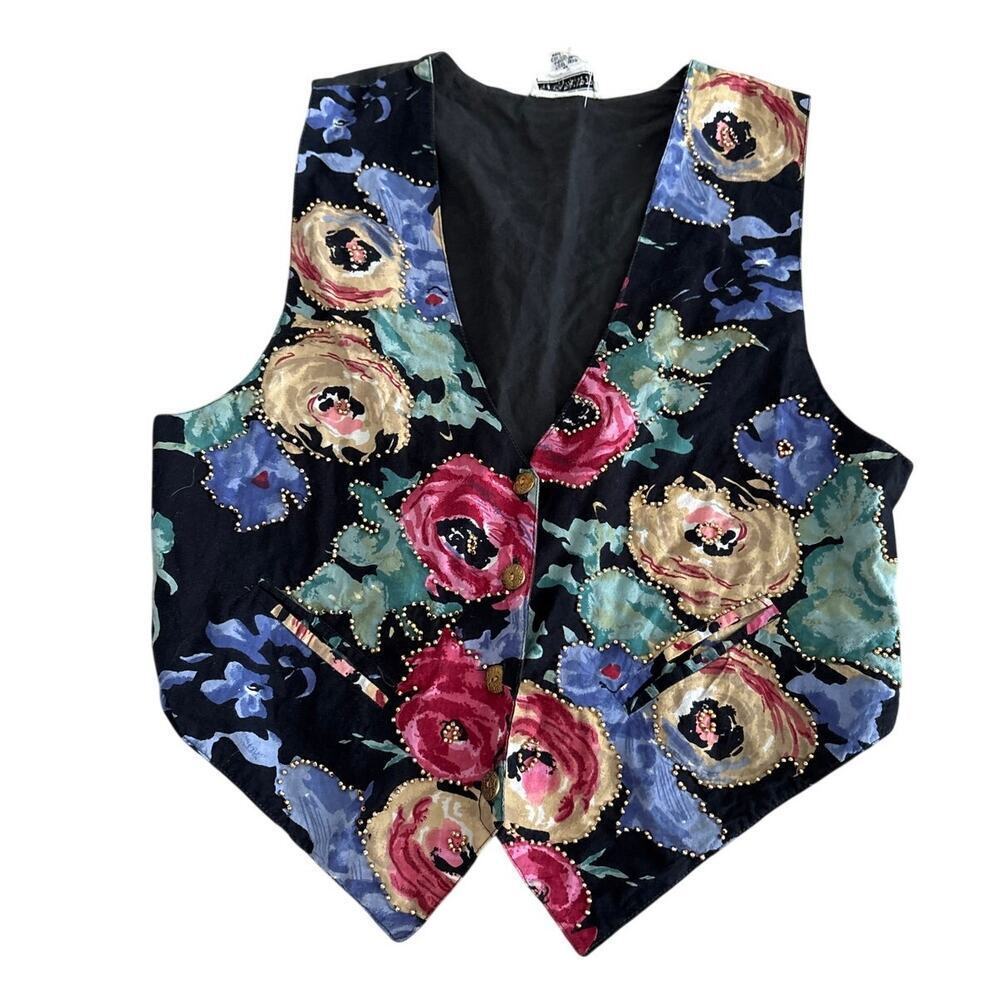 Vintage 90s Fashion Passport Floral Vest Black Western Cottagecore Festival